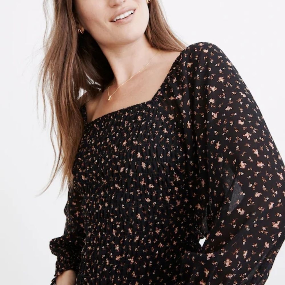 Madewell Georgette Lucie Bubble-Sleeve Smocked Top